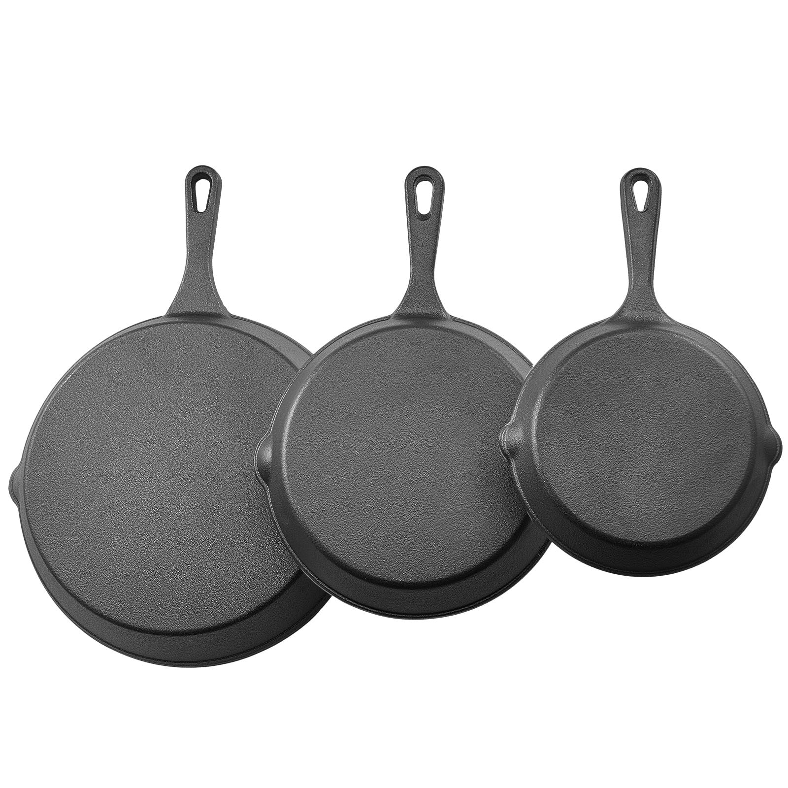 3 Piece Cast Iron Skillet Frying Pan Set 6 8 10 In Handle Pre-Seasoned Black_voghion.com
